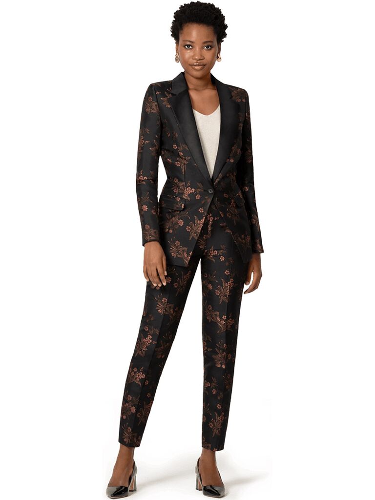 Fitted pantsuit in black with rose gold floral design