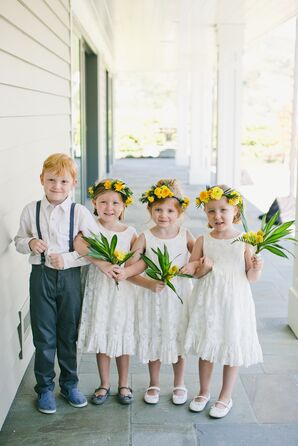 Modern Backyard Wedding, Attendants in Yellow and White