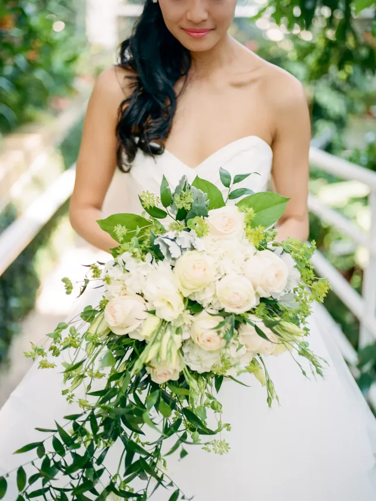 Cascading Bouquet of Champagne Blooms and Greenery