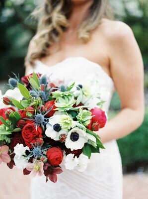 Blue Thistle, Red Rose and White Anemone Bouquet