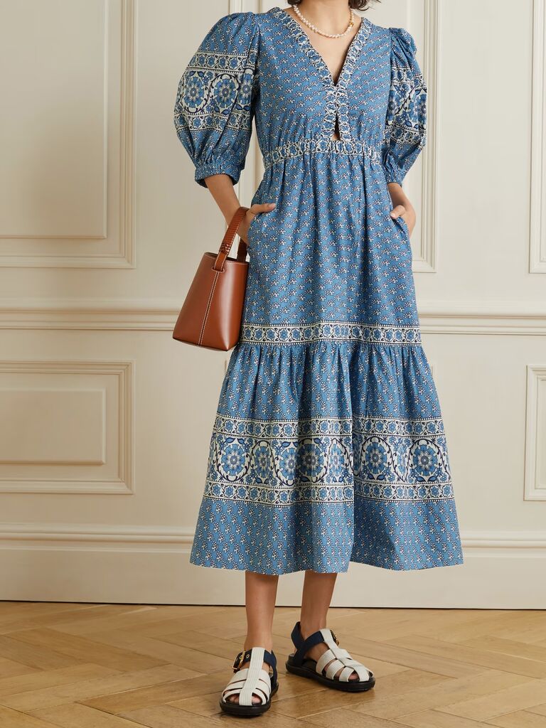 NET-A-PORTER boho blue floral dress for outdoor weddings with puffed sleeves