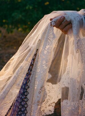 Custom, Lace-Trimmed Veil With Blue Patterned Fabric Representing Bride's Sri Lankan Heritage