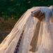 Custom, Lace-Trimmed Veil With Blue Patterned Fabric Representing Bride's Sri Lankan Heritage