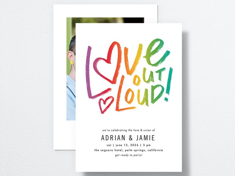 Love Out Loud multicolor wedding invitation budget friendly 