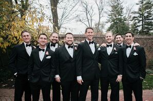 Groomsmen in Black Tuxedos with Rose Boutonnieres at Mansion Wedding
