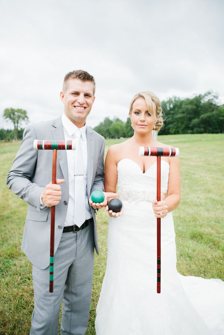 Bride and Groom Play Croquet Lawn Games in Walker, Minnesota