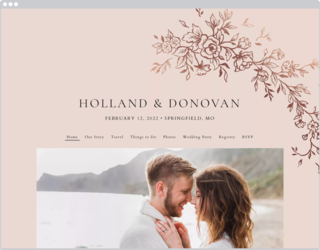 A website with black text on a muted pink background with rose gold floral details and a photo of a couple.