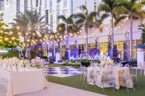 Outdoor Lawn Reception Under String Lights, Checkered Dance Floor, Light Linens on Tables