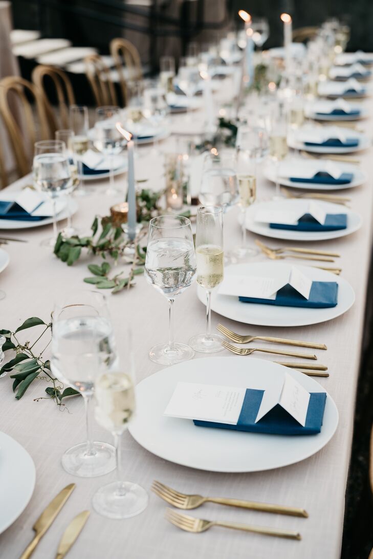 Blue, White and Gold Tablescape For Wedding at Hotel Domestique in Travelers Rest, South Carolina