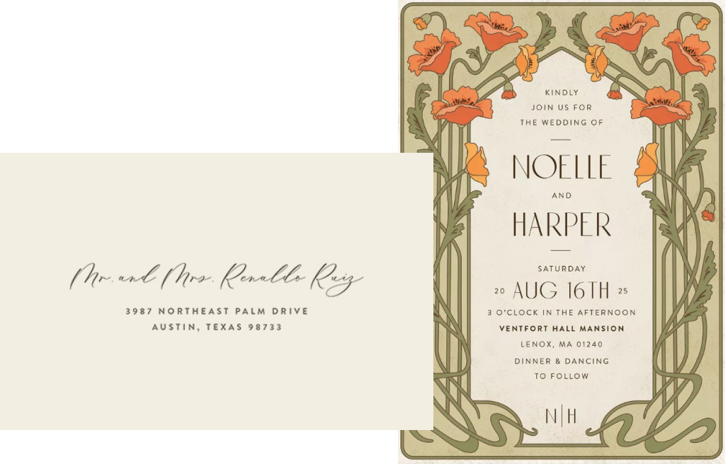 A printed envelope next to a wedding invitation with orange flowers, both with matching fonts.