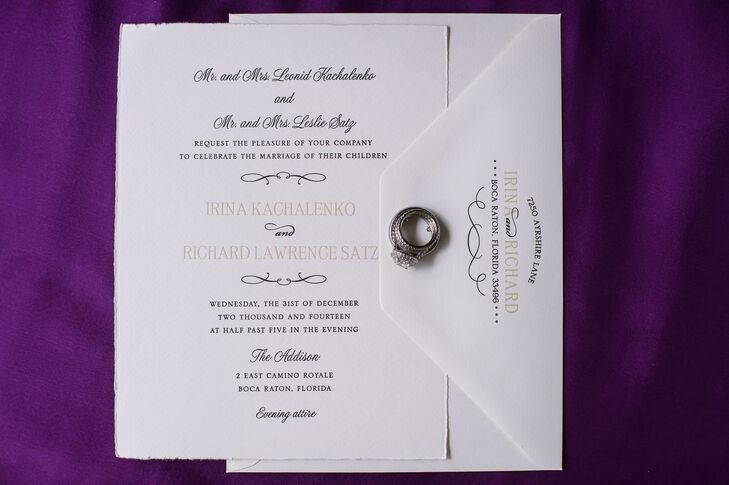 While Irina and Richard had a colorful wedding filled with bright and metallic hues, the couple chose a more traditional invitation suite. Their 122 guests were sent a classic white note with black and gold font for the wedding. During the reception, the couple also included another tradition: a horah at the center of their dance floor.