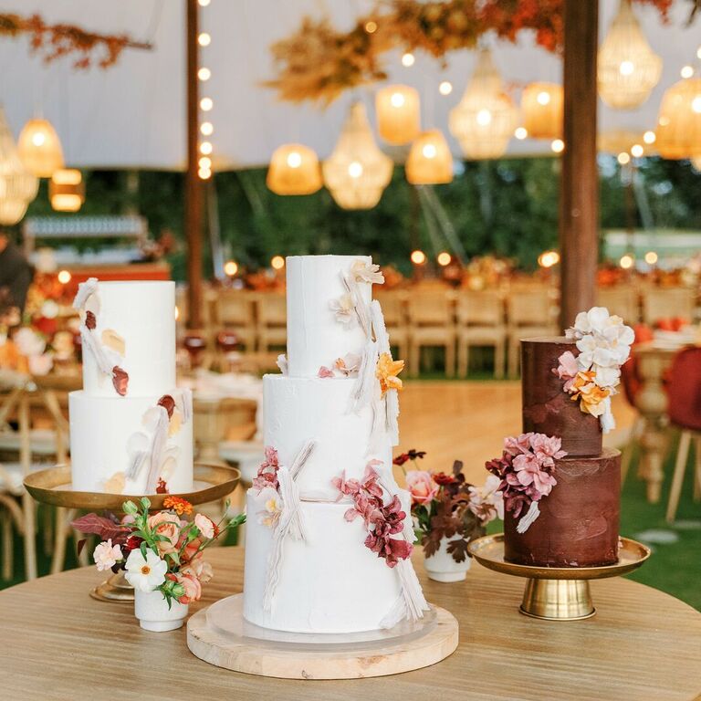 Trio of wedding cakes in shades of white and brown