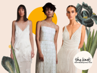 Collage of three 1920s inspired wedding dresses. 