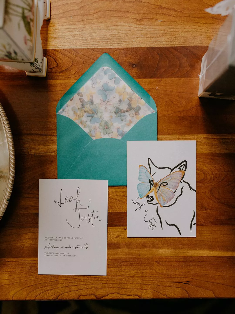 Dog and butterfly wedding invitation stationery suite
