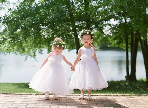 Classic Flower Girls with White Dresses and Flower Crowns