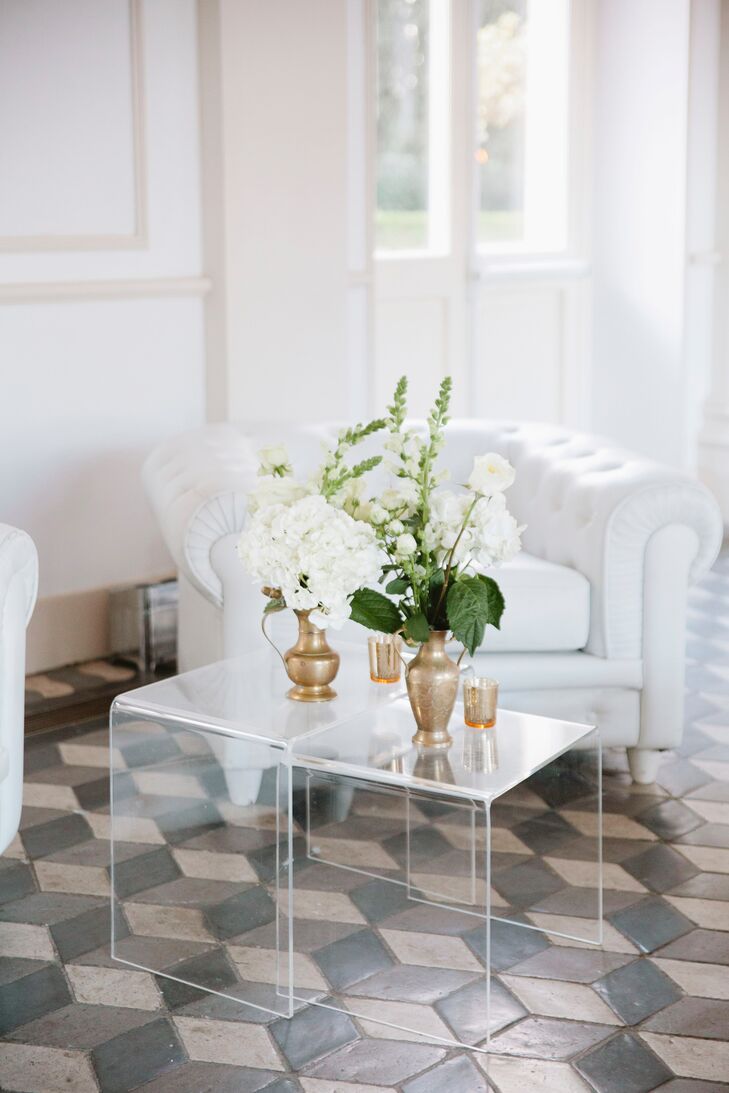 White Flower Arrangements with Gold Vases