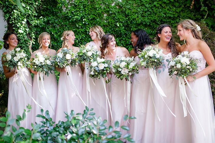 These floor-length bridesmaid dresses flattered each woman’s physique perfectly; especially in the light color Christi chose. “I love the romantic, easy feeling of the dresses,” she says. It was important that the dresses possess a subtlety, nothing too dramatic for this elegant affair.