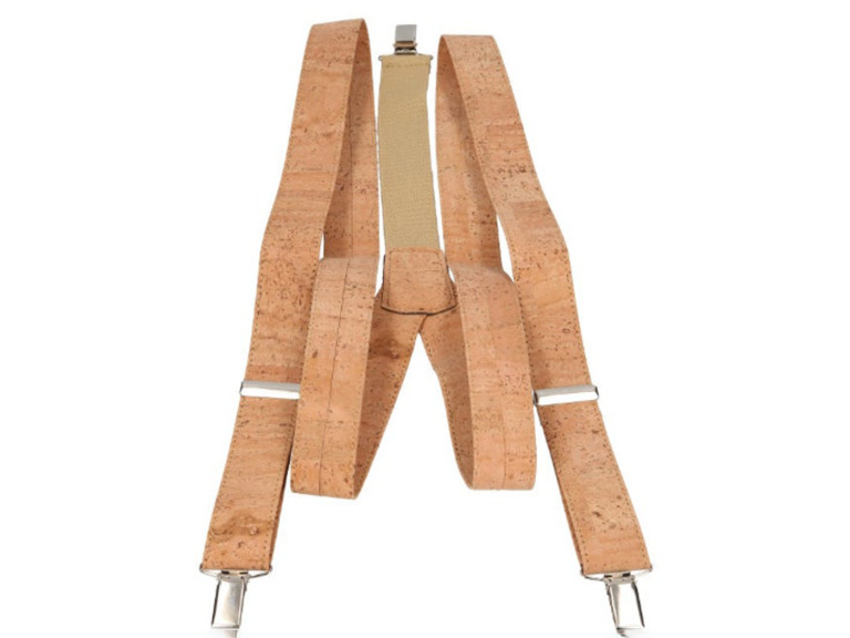 Tan cork suspenders with silver clips