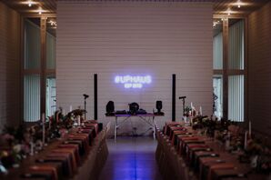 Modern DJ with Lit Wedding Hashtag at Wedding at The Prospect House in Dallas, Texas