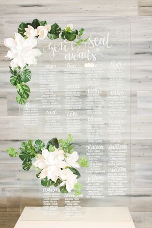 Acrylic Seating Chart Display with Tropical Banana Leaf Design