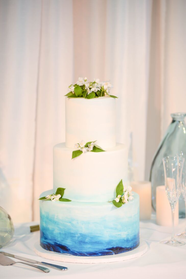 Hand-Painted Coastal Blue Wedding Cake
