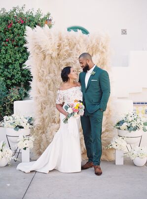 Bohemian Bride and Groom in Front of Pampas Grass Wall