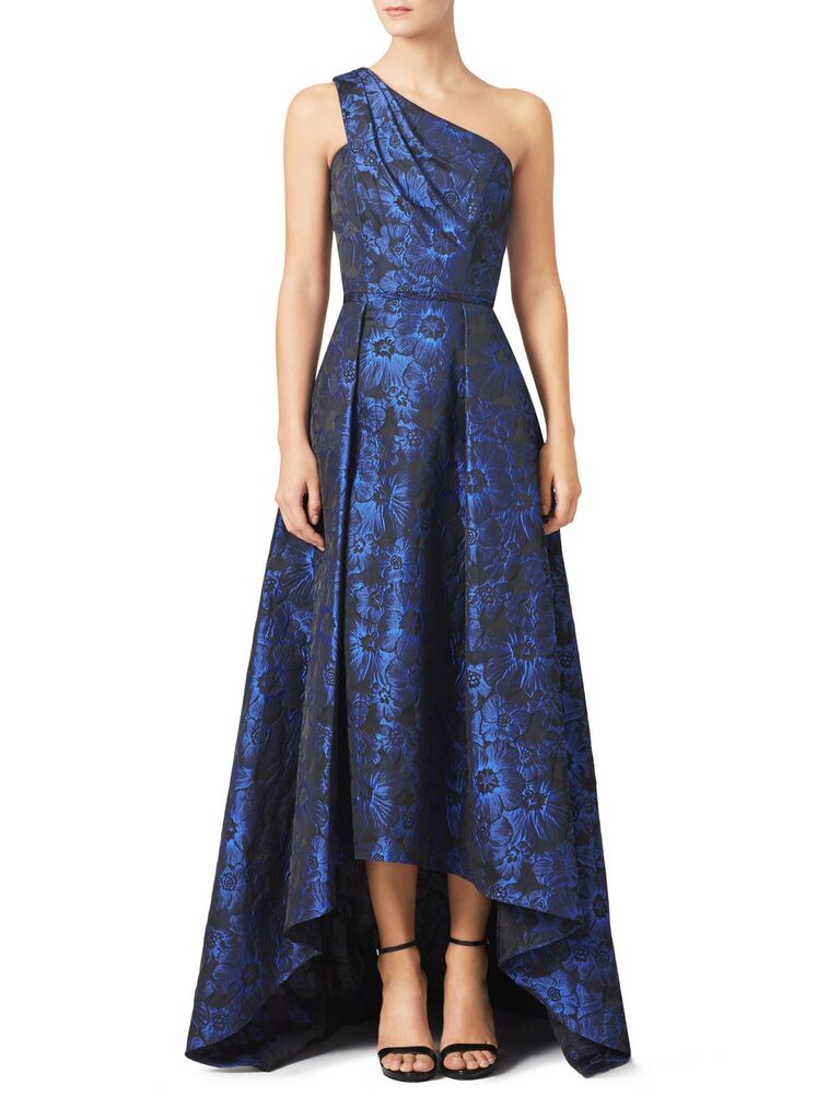 Pamella By Pamella black-tie navy floral wedding guest dress with one-shoulder neckline and high-low skirt
