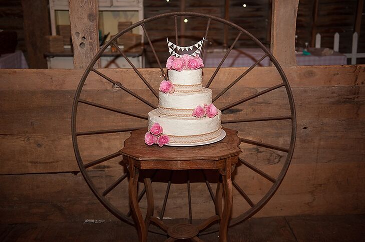 Wedding Cake With Burlap and Pink Flowers