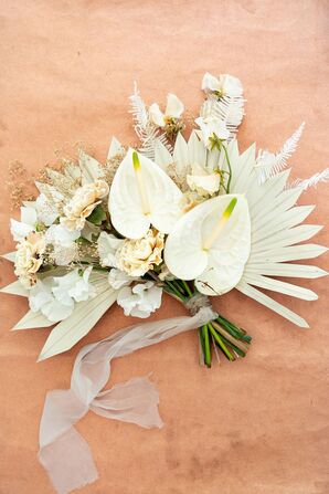 Monochrome Bouquet with Dried Greenery and White Anthurium