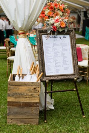 Gold-Framed Wedding Reception Seating Chart Display