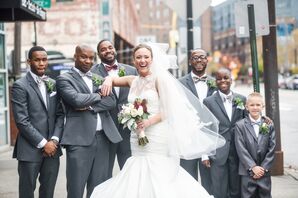 Bride with Groomsmen in Gray Suits