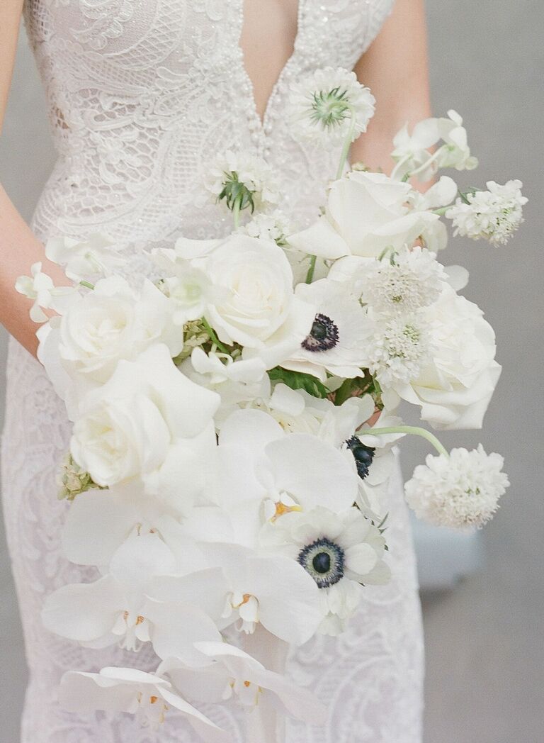 White bouquet with orchids, scabies and anemones