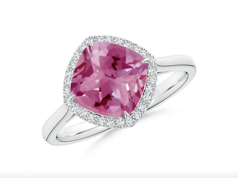 Angara claw-set cushion-cut pink tourmaline halo ring in platinum