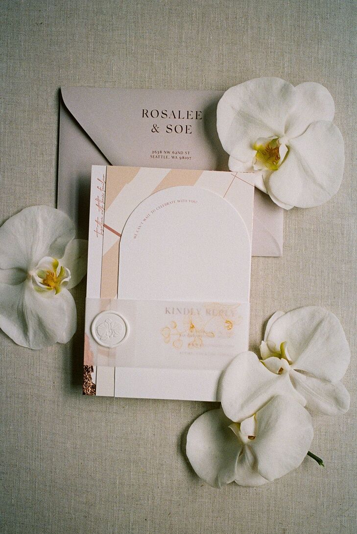 Elegant Wedding Invitation in Neutral Colors, Wax Seal, Layers and White Orchids