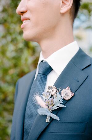 Groom in Dark Blue Suit, Boutonniere With Blue, Ribbon, Animations of Couple's Cats