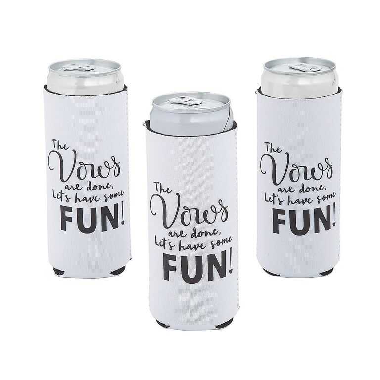 Wedding favor koozies designed to fit slim cans