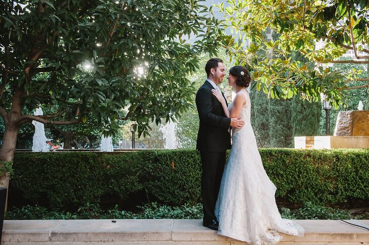 Adrienne and Cameron celebrated their wedding at Cafe Pinot in Los Angeles, CA in a modern space with unique floral arrangements and vintage accents t