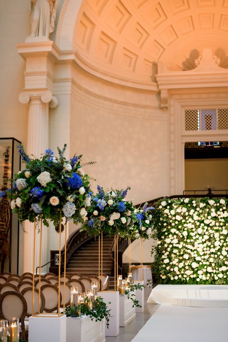 Tall Aisle Decorations with Blue Flowers at the Field Museum in Chicago, Illinois