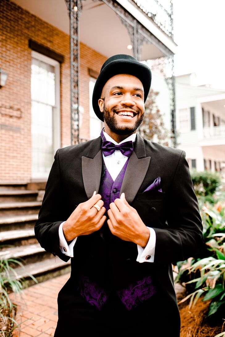 Groom With Top Hat, Tux and Purple Wedding Accessories