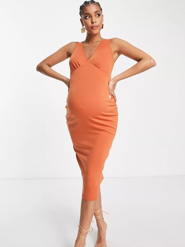 ASOS casual summer wedding guest dress with plunging neckline and button back