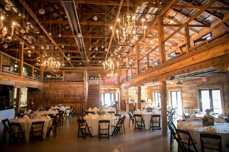 Variety Works in Madison, Georgia, was the perfect place to host Sarah and Nate's Southern reception: It had plenty of space for their 210 guests, and the exposed wooden walls and beams, elegant chandeliers and rustic, vintage vibe were exactly what they envisioned for their celebration.