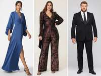 Collage of three black-tie optional guest attire outfits