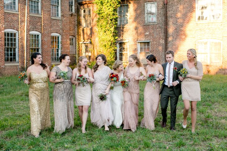 “I spent a day shopping with each bridesmaid, and every one of these incredible women found a beautiful neutral, gold or rose-gold beaded dress to go along with the vintage look,” Maggie says. Maggie's cousin Tim was also one of her attendants, sporting a suit that complemented the palette.