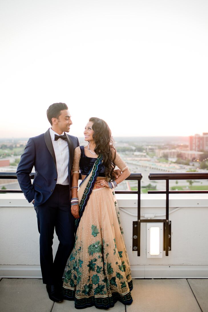 While Hari wore traditional attire for the ceremony, he changed into a custom-designed navy tuxedo with Spiderman cufflinks for the reception. “I decided to go with a mix of James Bond and 'Mad Men,' and had a suit made identical to James Bond’s tux in the movie 'Skyfall,' ” says Hari. For his groomsmen, Hari looked to Don Draper’s dapper style for inspiration. He asked each of the guys to don light gray suits for the evening’s festivities with light blue shirts, navy ties and pocket squares.
