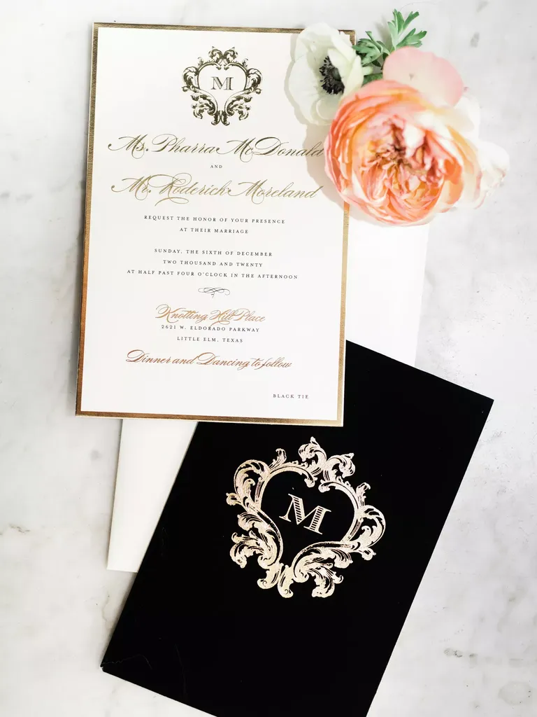 Custom Invitations With Black, White and Gold Detailing