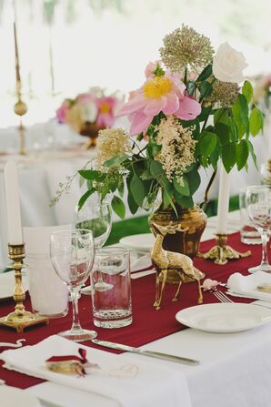 Burgundy Table Runners and Gold Centerpieces