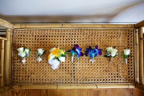 Purple, Yellow and White Boutonnieres