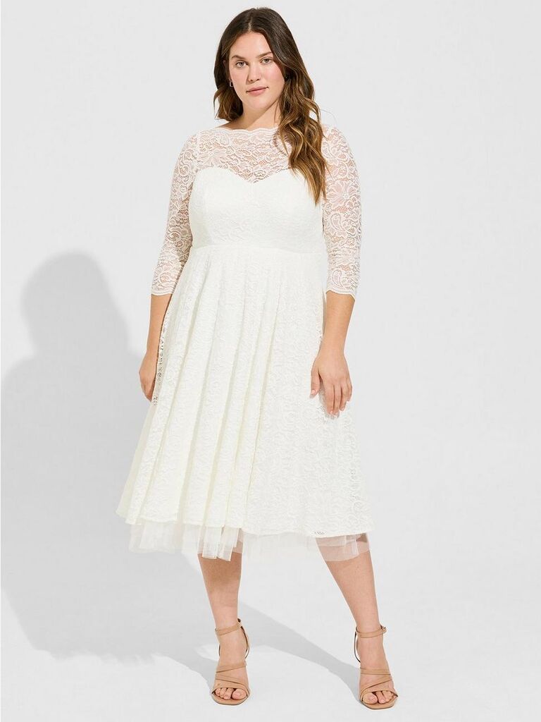 Ivory Lace Tea-Length Wedding Dress for older brides