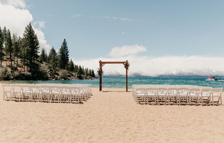 Wedding Arch and Folding Chairs at Round Hill Pines Beach in Zephyr Cove, Nevada