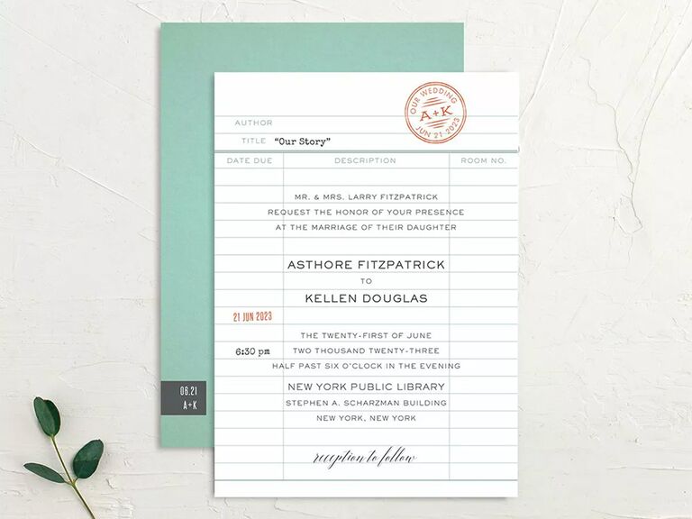 Vintage library card design with monogram stamp and green and orange color palette with typewriter font